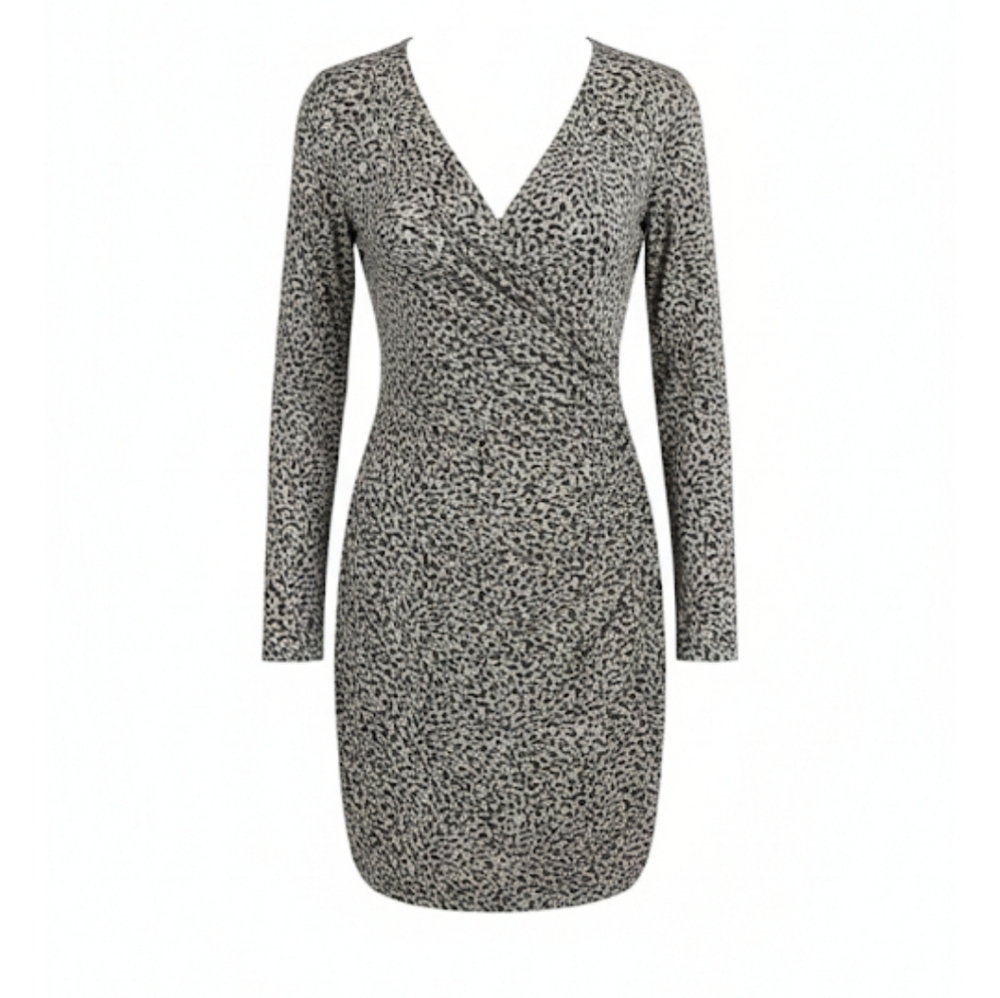 Three Dots Animal Print Faux Wrap Jersey Dress XS Long Sleeve